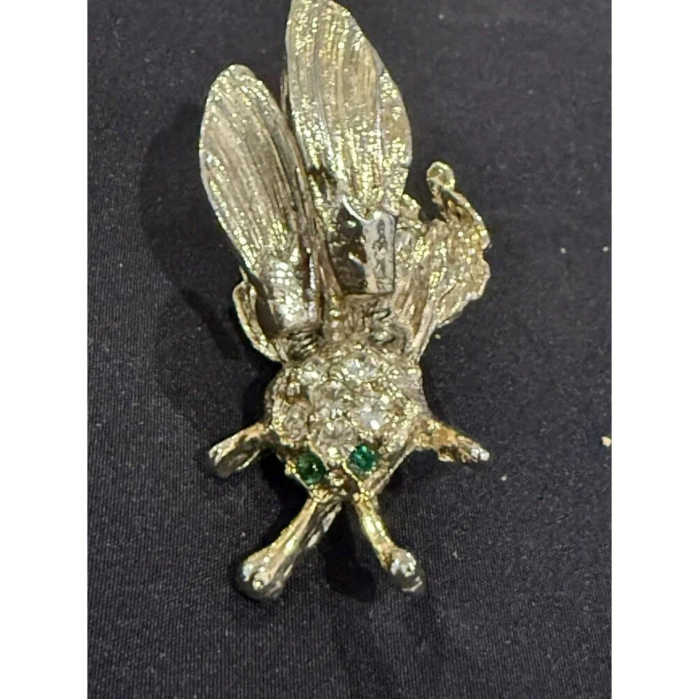 Vintage Style Rhinestone Fly Insect Brooch Pin Green Eyes Pave Articulated Wings